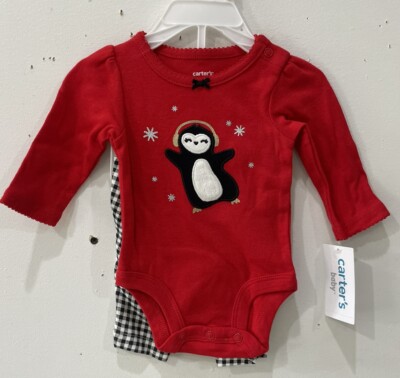 Carter baby girl pc red penguin bodysuit black white pant set