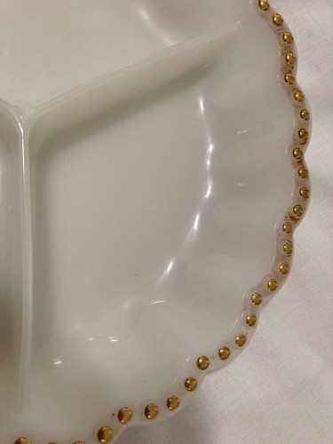 Anchor Hocking Divided Plate 3 Sections White Milk Glass Gold Bead Rim 9" Vtg - Picture 12 of 12
