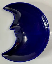 Vintage Cobalt Blue Glass Crescent Half Moon Face Trinket Dish Made In Italy