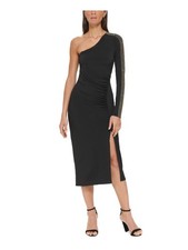 GUESS Womens Black Embellished Ruched High Slit Lined Long Sleeve Asymmetrical