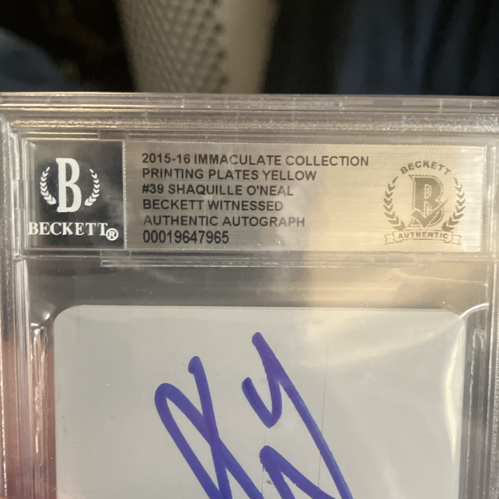 Panini 2015-16 Immaculate Shaquille O'Neal Magic #39 Yellow Plate 1/1 Auto BAS view 3
