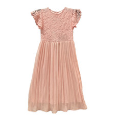 Girls Lace Chiffon Dress M 8 Pink Short Sleeve Maxi Pleated Gown Flower Girl