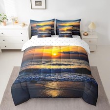 Beach Wave Bedding Set Sea Wave Surfing Sunset Bed in a Bag King Orange Indigo