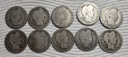 10 (1/4 Roll $2.5 FV) Barber Silver Quarters. All With Dates. Video A0766.