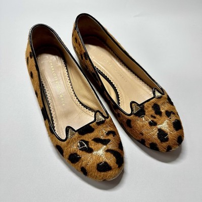 Charlotte Olympia Kitty Cat Embroidered Ballet Flats Slipper, Leopard, Size 35.5