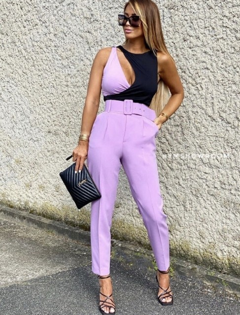 NWT Zara SS20 High Waist Belted Lilac Pants M Blogger Fav 2158/677 | eBay