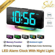 LED Digital Alarm Clock with 10 Color Changing Light, USB, Adjustable Brightness