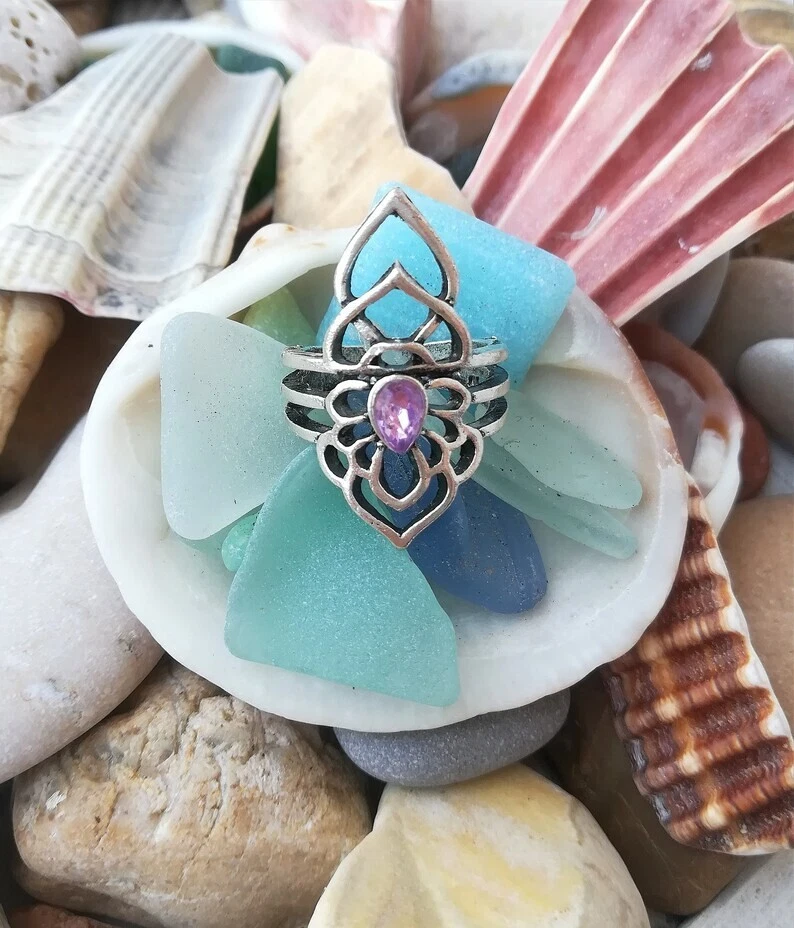 ANELLO FIOR DI LOTO AMETISTA IN ARGENTO TIBETANO 300, CRISTALLO GOCCIA AMETISTA - Immagine 2 di 4