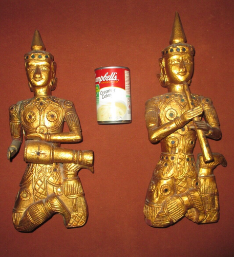 Paar thailändische vergoldete Holz Thayo verziert Wand Musiker Figuren 15" hoch - Bild 2 von 7