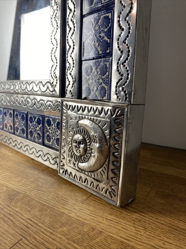 Mexican Punched Tin & Tile Sun Moon Mirror, 18” X 22.5” Folk Art, Blue White - Picture 2 of 7