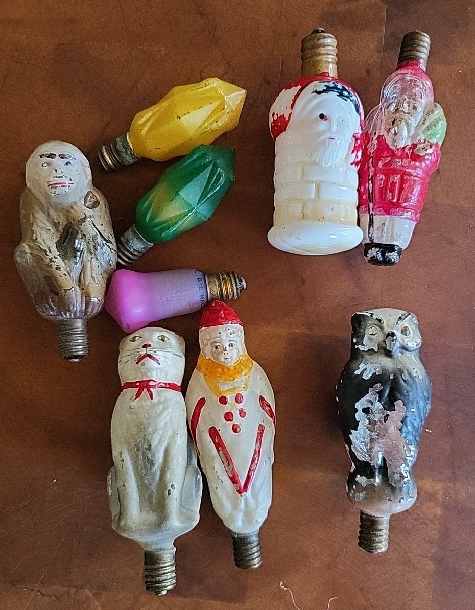 Lot of Vintage Figural Christmas Light Bulbs; Cat, Monkey, Owl, Clown
