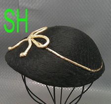 Vintage 1950s Fascinator Cocktail Hat Black Felt Netting Gold String Bow Trim