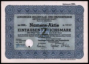 1941 Lenzinger Zellwolle- und Papierfabrik, ℛℳ1000 Stock Nazi Synthetic Fiber F+