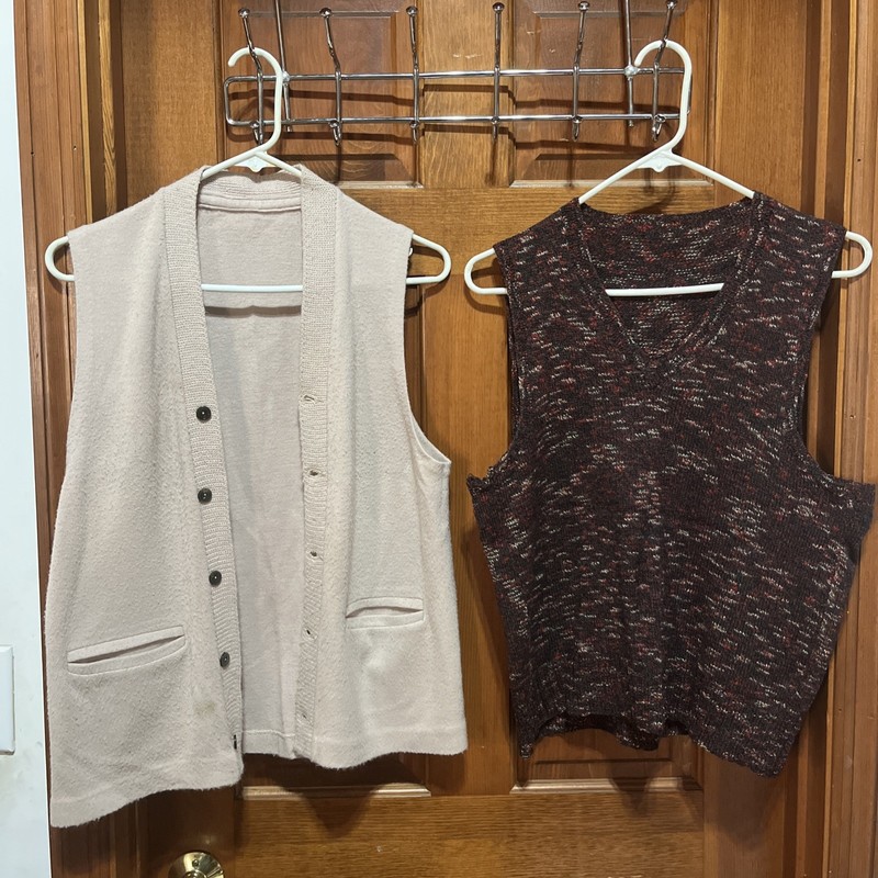 (Lot Of 2) Sweater Vests: 1 Beige W/ Buttons, 1 Mixed Color Maroon Pullover