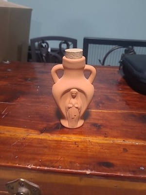 Vintage Terracotta Holy Water Bottle Virgin Mary With Cork Stopper 5''