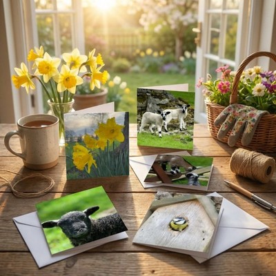 Hallo Frühling! 5 fröhliche Natur Grußkarten - leer - 150 mm qm   Premium