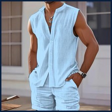 2026 New Men's Vest Shirt, Sleeveless Top and Shorts Plaid Two-Piece Set, Casual