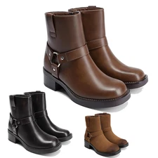 Women Low Heel Square Toe Motorcycle Boots Side Zipper Riding Ankle Boots