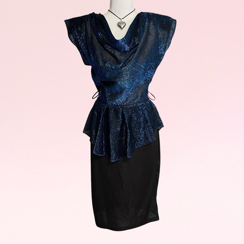 vintage 70s 80s blue glitter black glam peplum cowl whimsy goth party dress S/M - Picture 2 of 16