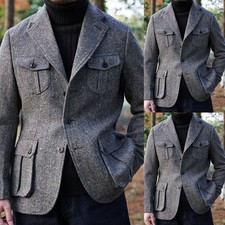 Tweed Men's Safari Jacket Vintage Wool Blend Blazer British Style Casual Coat