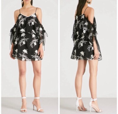 Alice + Olivia Holden Cold Shoulder Black And White Embroidered Chiffon Dress