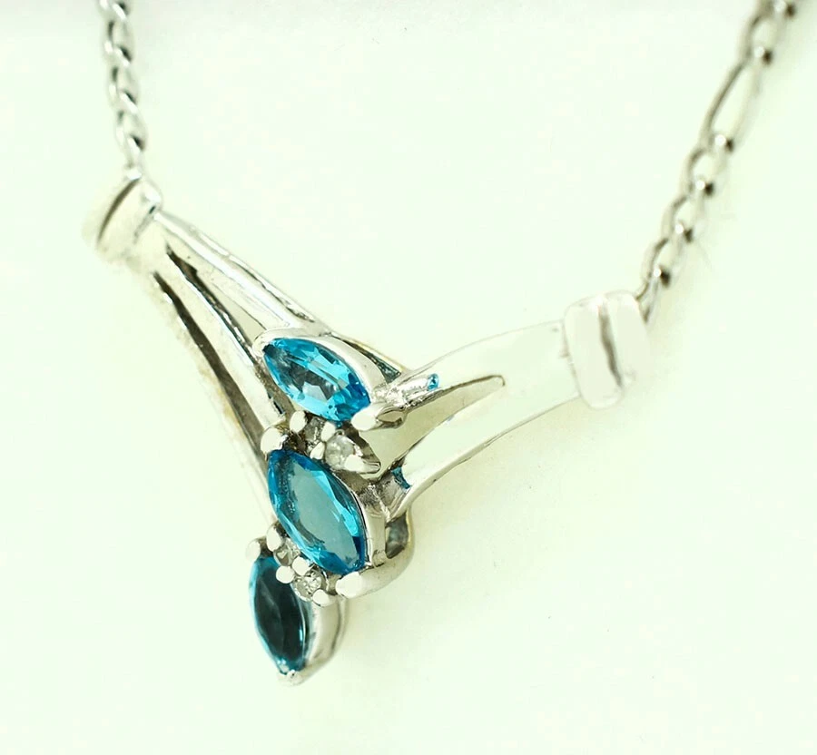 GENUINE 0.42 Cts BLUE TOPAZ & DIAMOND NECKLACE 10k WHITE GOLD * Free Shipping  - Image 2 of 3