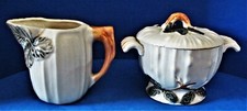 Juego de azúcar y crema de cerámica mayólica japonesa vintage con diseño de follaje