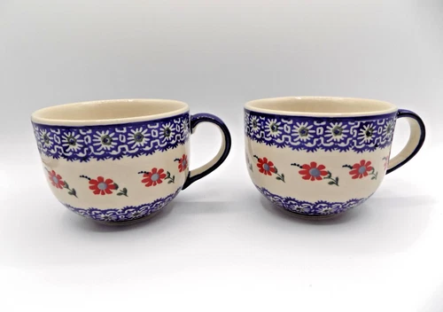 Two Polish Pottery Large Soup Mugs Red Daisies Boleslawiec E. Duszynska