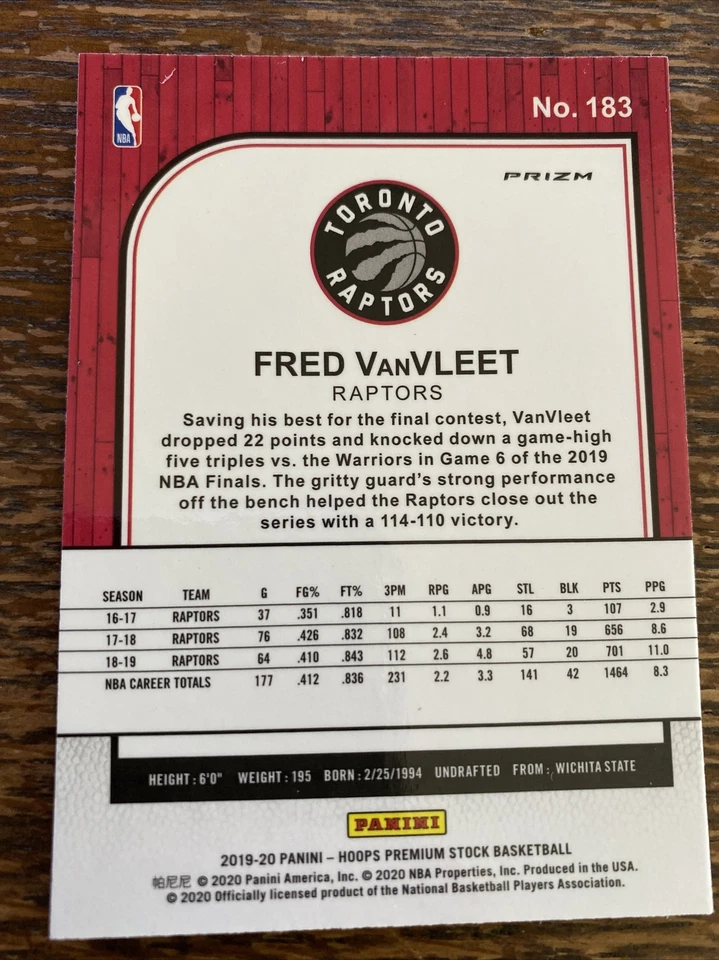 2019 NBA Hoops premium Fred VanVleet Laser Prizm Insert! #183 Raptors - Image 2 of 2