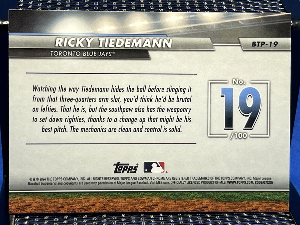 2024 Bowman Chrome RICKY TIEDEMANN Top 100 #19 Blue Jays Refractor - Image 2 of 2