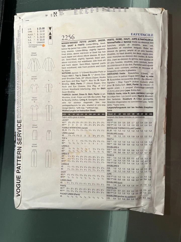 Vogue Sewing Pattern 2256 Misses'/Misses' Petite WARDROBE Size: 8-10-12 Uncut - Image 2 of 2