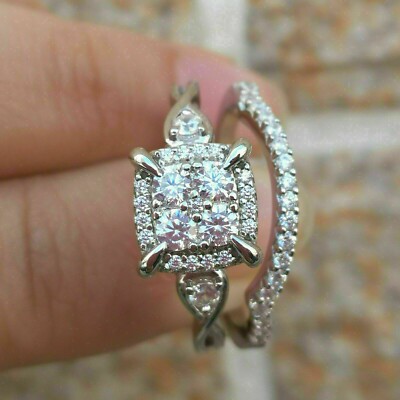 Unique 1 Ct Round Cut Moissanite Halo Engagement Ring Set 14K White Gold Plated