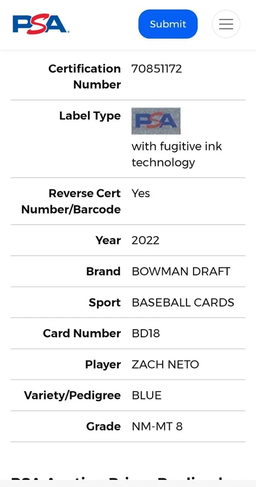 2022 Bowman Draft Zach Neto Rookie Card Blue S/P #/150 PSA 8 ( Low Pop of 2) - Image 4 of 4