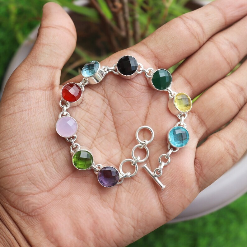 925 Sterling Silver Multi Gemstone Bracelet Women's Jewelry Stone Bracelet
