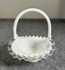 Vintage Fenton Silver Crest Milk Glass Basket Ruffled Edge White Handle Collect