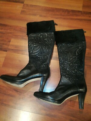 Privata Vero Cuoio Womens Leather Fur Cowboy Style Boots Black Made in Italy 8.5