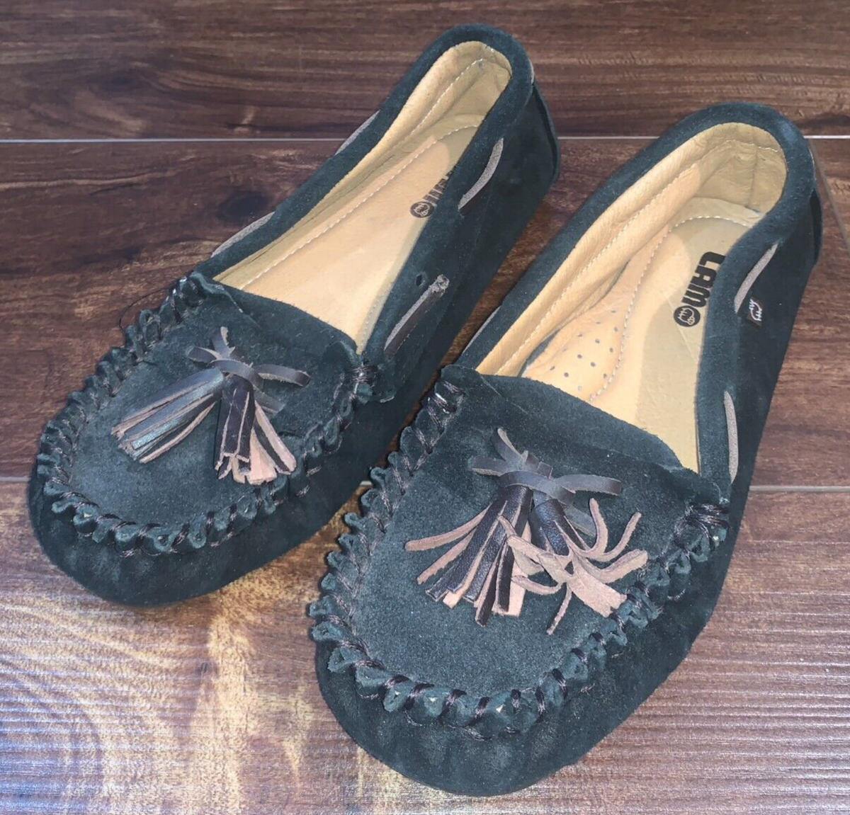 Lam Moccasins Womens Size Black Suede Leather House Shoes Slippers  Comfort