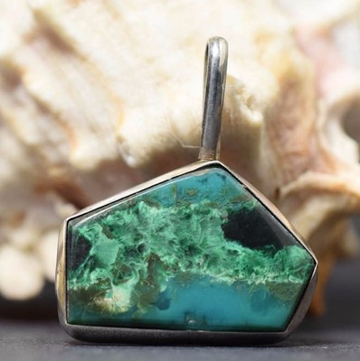 Gem Silica  malachite gemstone pendant freeform CAB set in Sterling Silver