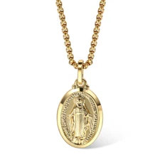 16"-24" 2mm Gold Plated Oval Virgin Mary Charm Pendant Necklace Box Chain Unisex