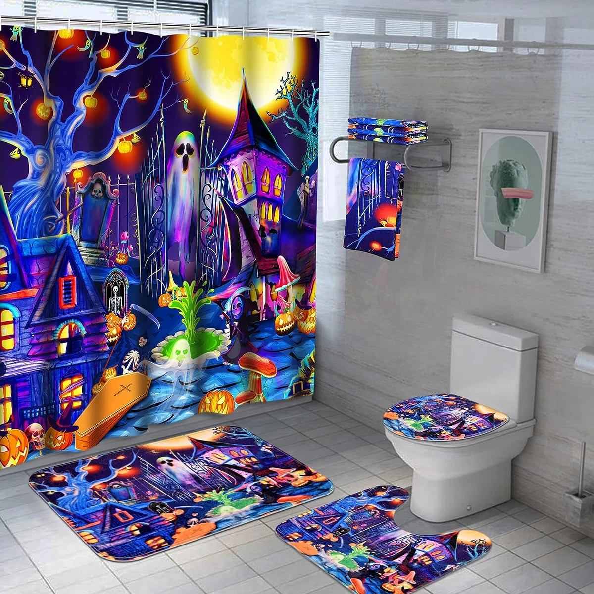 7 Piece Halloween UV Blacklight Shower Curtain Sets with Rugs and