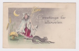 vtg 1916 Fairman Halloween postcard witch black cat