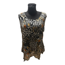 C&A Bluse Damen Gr 46 Braun Schwarz Muster Ärmellos Leicht Transparent