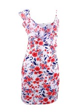 Guess Women's Asymmetrical Floral Bodycon Dress (12, Red Multi)
