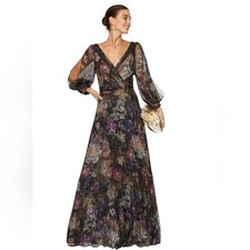 Marchesa Notte- Metallic Floral Pleated Gown Size 0