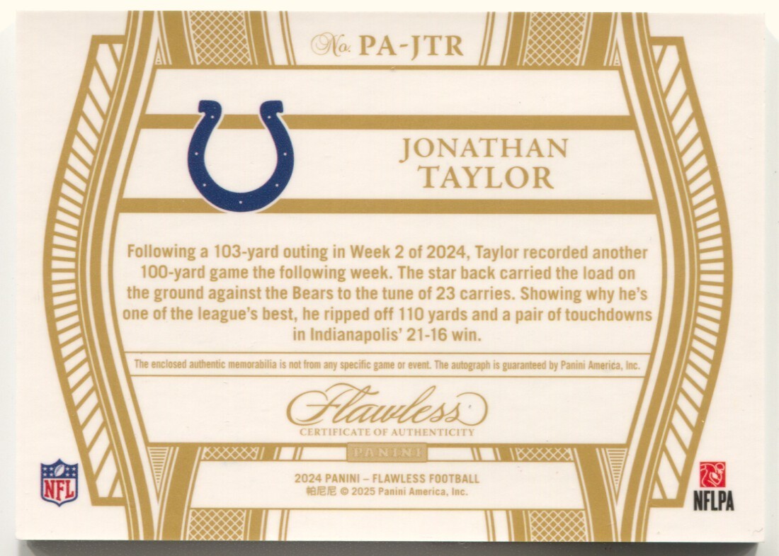 2024 Panini Flawless Jonathan Taylor Autograph Ruby 2 Color Patch Auto #/15 view 2