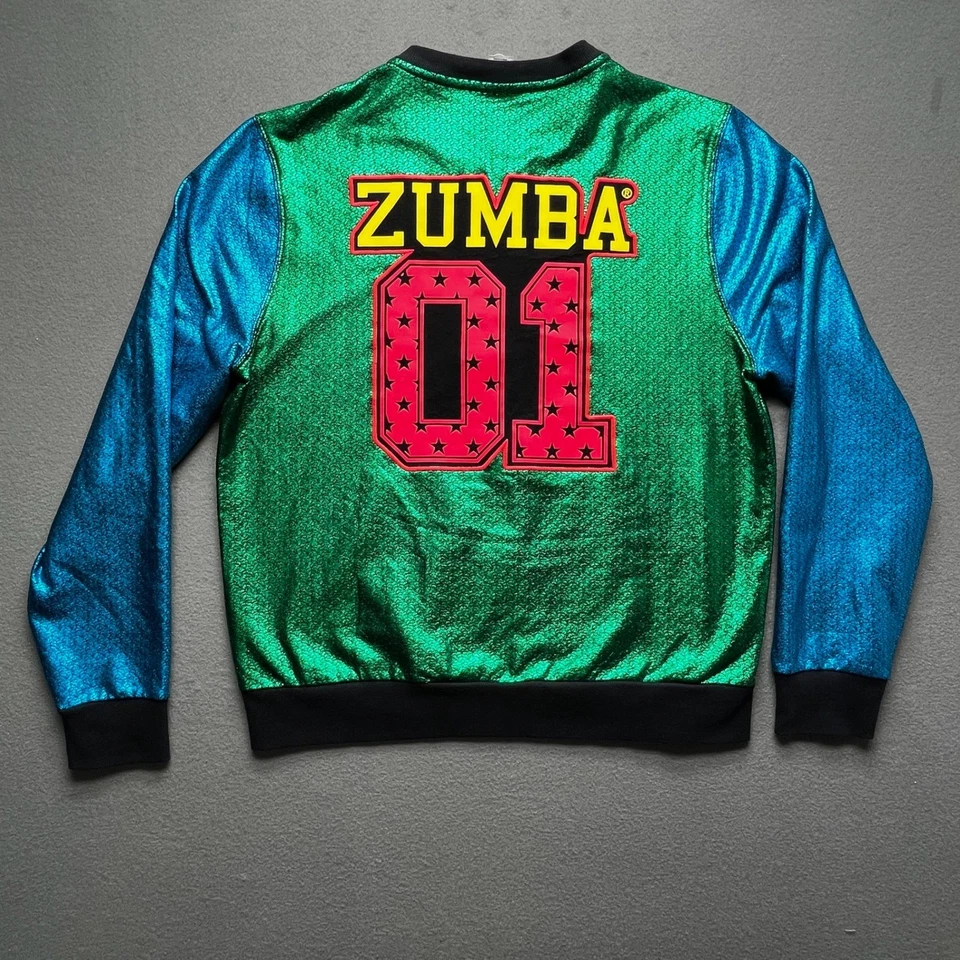 Chaqueta Bomber Zumba Wear Metálica Verde Azul Cremallera Completa Brillante Chaqueta de Pista XL Foto 2 de 4