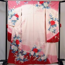 Vintage Japanese Silk Furisode Kimono Pale Pink Floral, Gold Silver