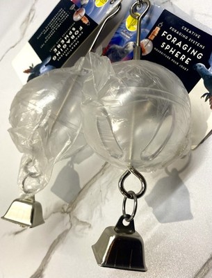 Two Pack: Hanging Foraging Sphere & Kabob+Stainless Steel Bell Bird Treat Toy