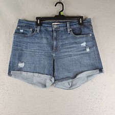 Levis Jean Mid Length Shorts Womens 32 Blue Denim Distressed Stretch Cuffed