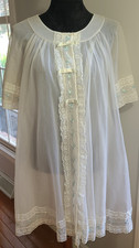 VTG Chiffon Peignoir Babydoll Robe Lace Ribbon All Nylon Sz S Double Layer Ivory